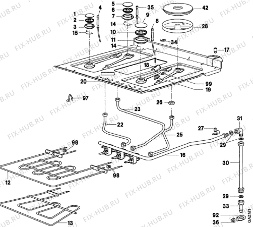 Взрыв-схема плиты (духовки) Faure CCT664-1 - Схема узла Oven and Top functional parts